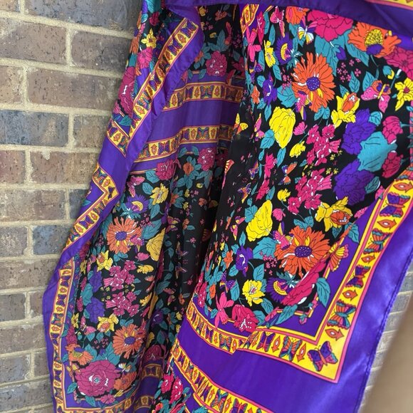 VTG Winlar Satin Floral Butterfly Pink Purple Kaftan Maxi Dress Womens OSFM - Picture 7 of 13